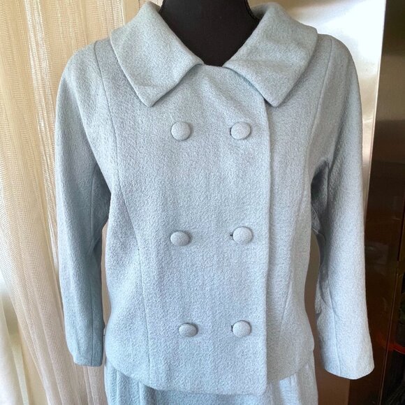 Vintage 1960s two pieces set, light blue woven jacket & straight skirt, AlJean - Picture 2 of 11